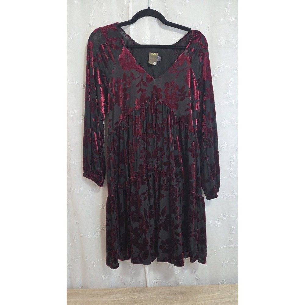 Taylor Dress Burgandy Velour Burnout Long Sleeve Babydoll Fairy Goth 10